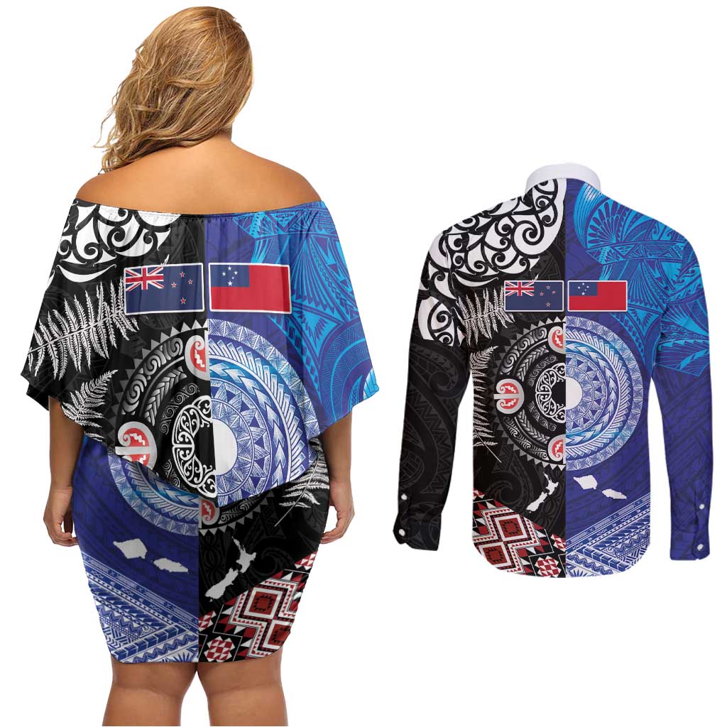 Samoa and Aotearoa Together Couples Matching Off Shoulder Short Dress and Long Sleeve Button Shirt Tatau Art Tattoos-Taniko and Maori with Fern LT03 - Polynesian Pride