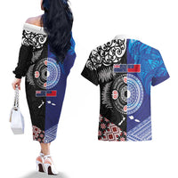 Samoa and Aotearoa Together Couples Matching Off The Shoulder Long Sleeve Dress and Hawaiian Shirt Tatau Art Tattoos-Taniko and Maori with Fern LT03 - Polynesian Pride