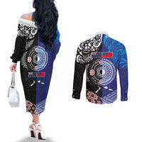 Samoa and Aotearoa Together Couples Matching Off The Shoulder Long Sleeve Dress and Long Sleeve Button Shirt Tatau Art Tattoos-Taniko and Maori with Fern LT03 - Polynesian Pride
