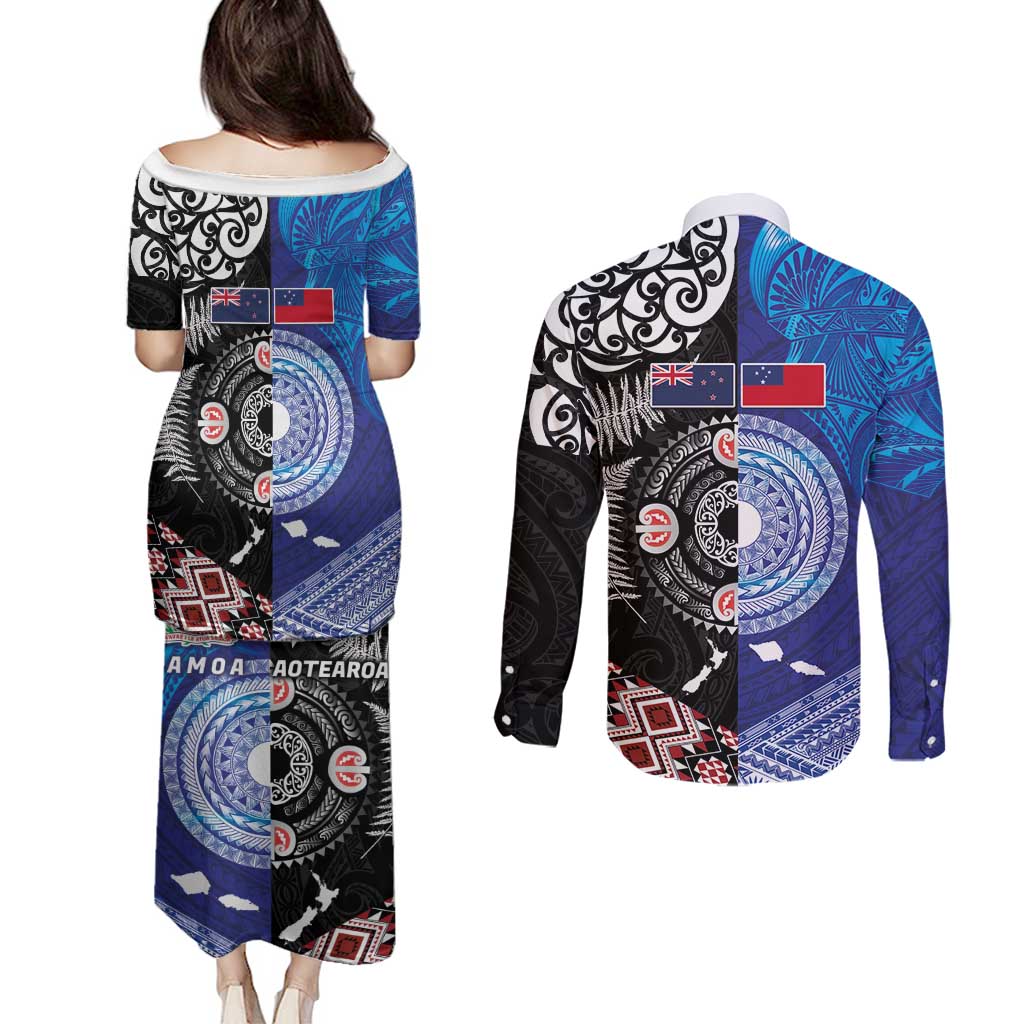Samoa and Aotearoa Together Couples Matching Puletasi and Long Sleeve Button Shirt Tatau Art Tattoos-Taniko and Maori with Fern LT03 - Polynesian Pride
