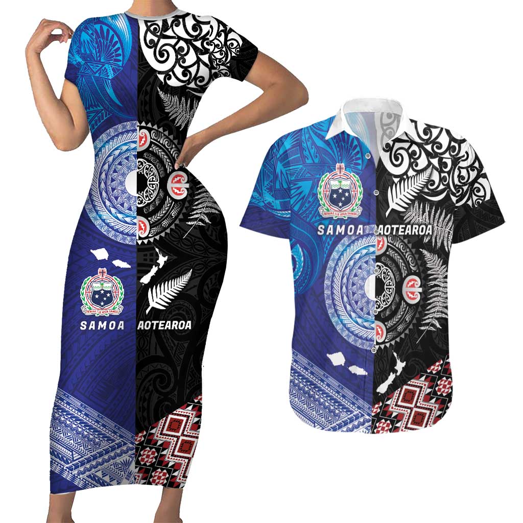 Samoa and Aotearoa Together Couples Matching Short Sleeve Bodycon Dress and Hawaiian Shirt Tatau Art Tattoos-Taniko and Maori with Fern LT03 Black - Polynesian Pride