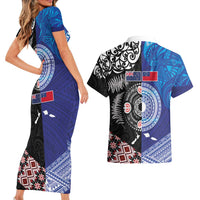 Samoa and Aotearoa Together Couples Matching Short Sleeve Bodycon Dress and Hawaiian Shirt Tatau Art Tattoos-Taniko and Maori with Fern LT03 - Polynesian Pride