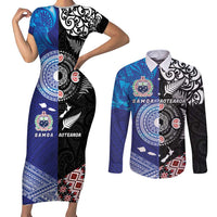 Samoa and Aotearoa Together Couples Matching Short Sleeve Bodycon Dress and Long Sleeve Button Shirt Tatau Art Tattoos-Taniko and Maori with Fern LT03 Black - Polynesian Pride