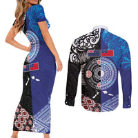 Samoa and Aotearoa Together Couples Matching Short Sleeve Bodycon Dress and Long Sleeve Button Shirt Tatau Art Tattoos-Taniko and Maori with Fern LT03 - Polynesian Pride
