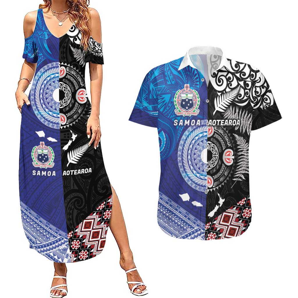 Samoa and Aotearoa Together Couples Matching Summer Maxi Dress and Hawaiian Shirt Tatau Art Tattoos-Taniko and Maori with Fern LT03 Black - Polynesian Pride