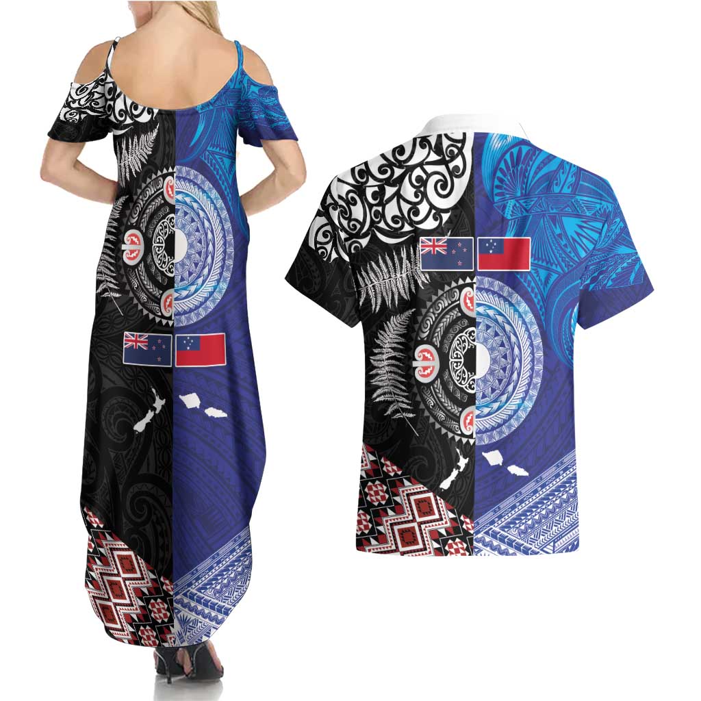 Samoa and Aotearoa Together Couples Matching Summer Maxi Dress and Hawaiian Shirt Tatau Art Tattoos-Taniko and Maori with Fern LT03 - Polynesian Pride