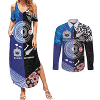 Samoa and Aotearoa Together Couples Matching Summer Maxi Dress and Long Sleeve Button Shirt Tatau Art Tattoos-Taniko and Maori with Fern LT03 Black - Polynesian Pride
