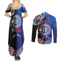 Samoa and Aotearoa Together Couples Matching Summer Maxi Dress and Long Sleeve Button Shirt Tatau Art Tattoos-Taniko and Maori with Fern LT03 - Polynesian Pride