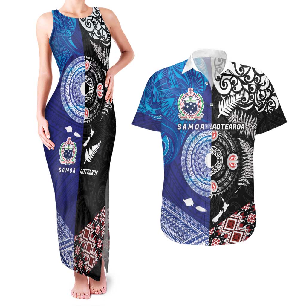 Samoa and Aotearoa Together Couples Matching Tank Maxi Dress and Hawaiian Shirt Tatau Art Tattoos-Taniko and Maori with Fern LT03 Black - Polynesian Pride