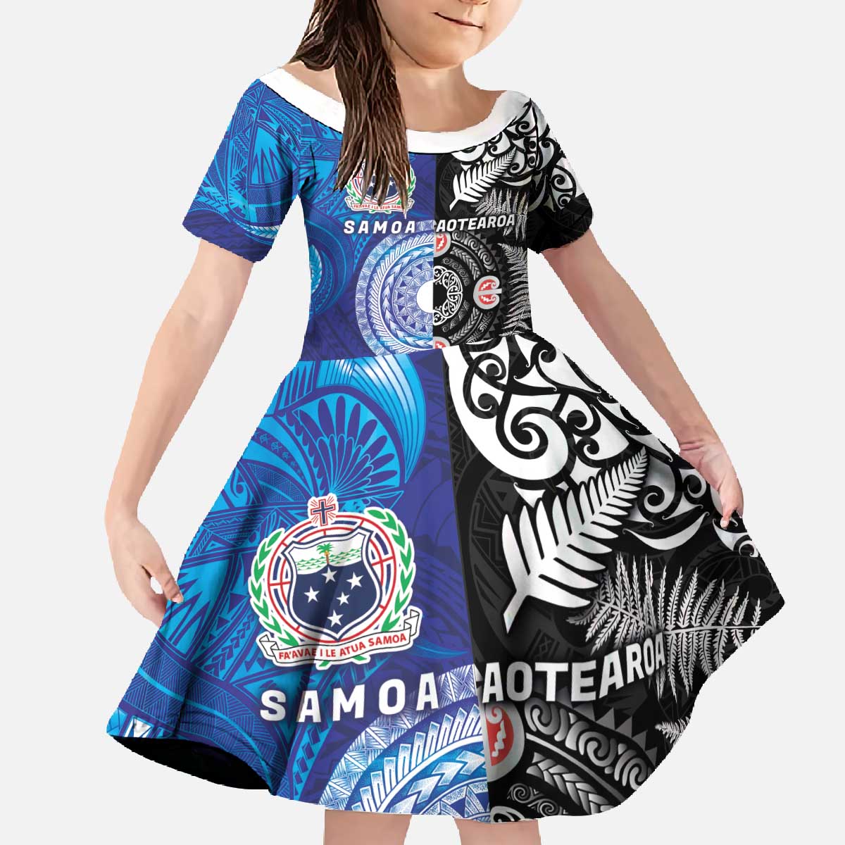Samoa and Aotearoa Together Family Matching Off The Shoulder Long Sleeve Dress and Hawaiian Shirt Tatau Art Tattoos-Taniko and Maori with Fern LT03 Daughter's Dress Black - Polynesian Pride
