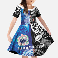 Samoa and Aotearoa Together Family Matching Off Shoulder Maxi Dress and Hawaiian Shirt Tatau Art Tattoos-Taniko and Maori with Fern LT03 Daughter's Dress Black - Polynesian Pride