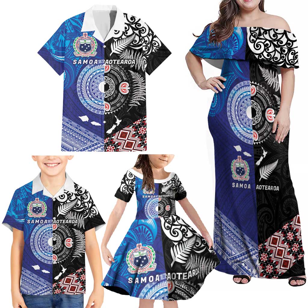 Samoa and Aotearoa Together Family Matching Off Shoulder Maxi Dress and Hawaiian Shirt Tatau Art Tattoos-Taniko and Maori with Fern LT03 - Polynesian Pride