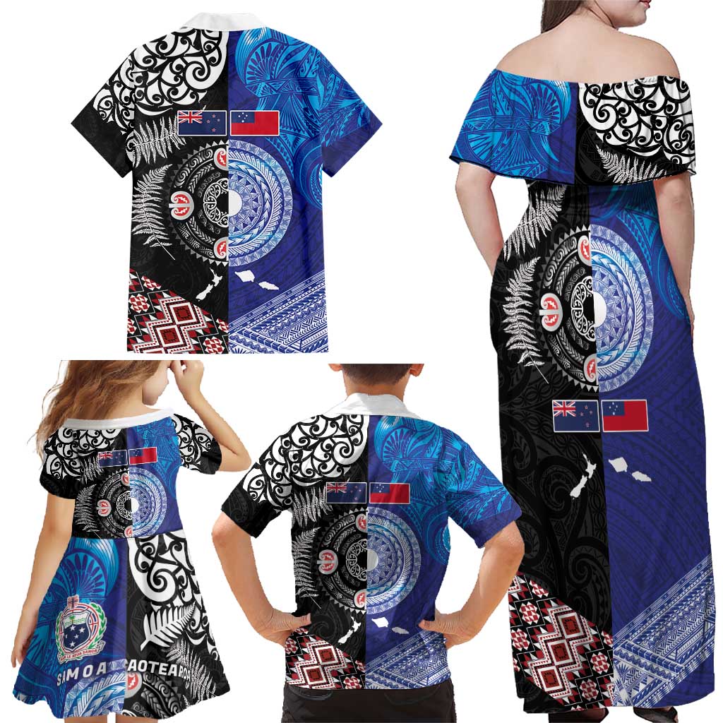 Samoa and Aotearoa Together Family Matching Off Shoulder Maxi Dress and Hawaiian Shirt Tatau Art Tattoos-Taniko and Maori with Fern LT03 - Polynesian Pride
