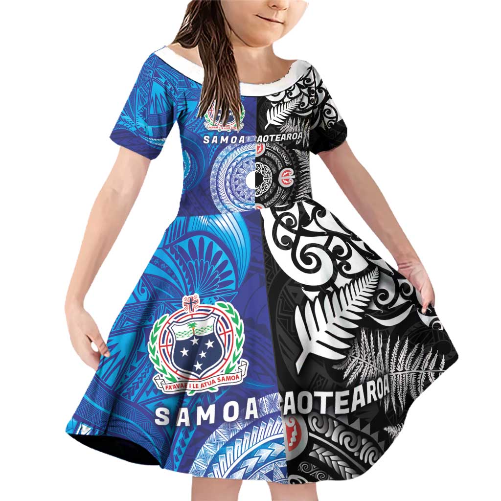 Samoa and Aotearoa Together Family Matching Off Shoulder Short Dress and Hawaiian Shirt Tatau Art Tattoos-Taniko and Maori with Fern LT03 Daughter's Dress Black - Polynesian Pride