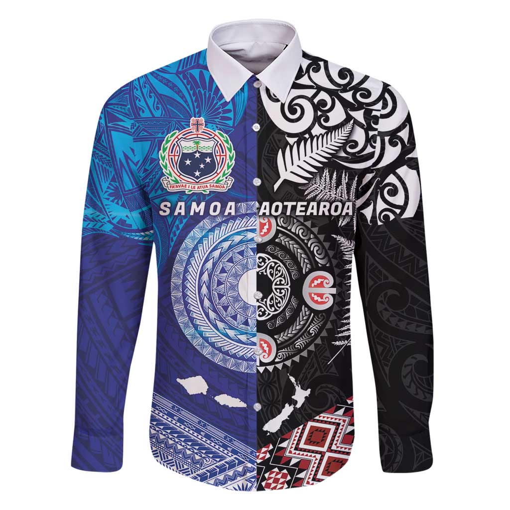 Samoa and Aotearoa Together Family Matching Off Shoulder Short Dress and Hawaiian Shirt Tatau Art Tattoos-Taniko and Maori with Fern LT03 Dad's Shirt - Long Sleeve Black - Polynesian Pride