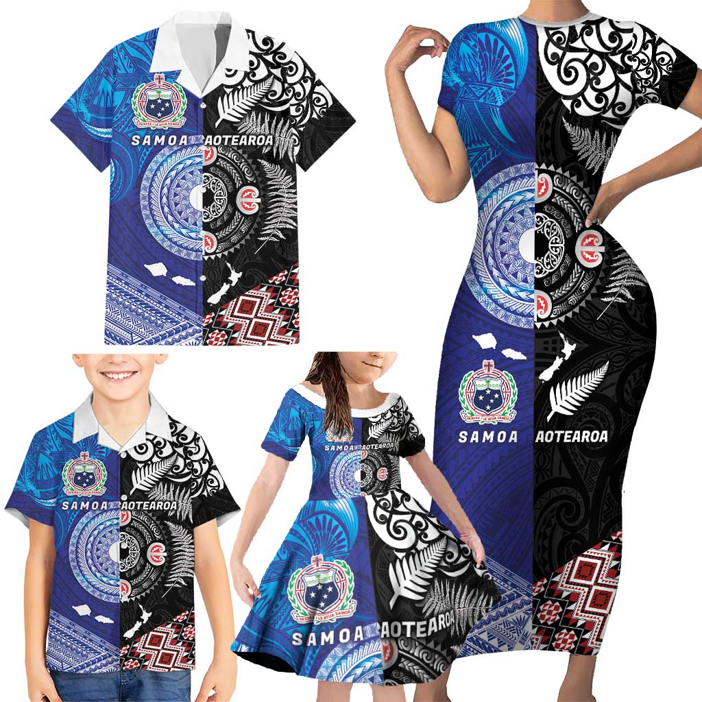 Samoa and Aotearoa Together Family Matching Short Sleeve Bodycon Dress and Hawaiian Shirt Tatau Art Tattoos-Taniko and Maori with Fern LT03 - Polynesian Pride
