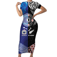 Samoa and Aotearoa Together Family Matching Short Sleeve Bodycon Dress and Hawaiian Shirt Tatau Art Tattoos-Taniko and Maori with Fern LT03 Mom's Dress Black - Polynesian Pride