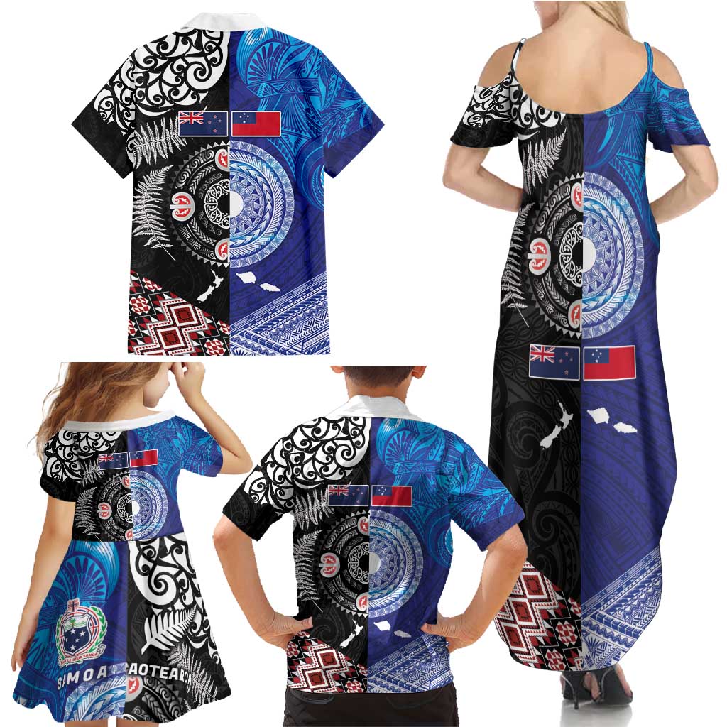 Samoa and Aotearoa Together Family Matching Summer Maxi Dress and Hawaiian Shirt Tatau Art Tattoos-Taniko and Maori with Fern LT03 - Polynesian Pride