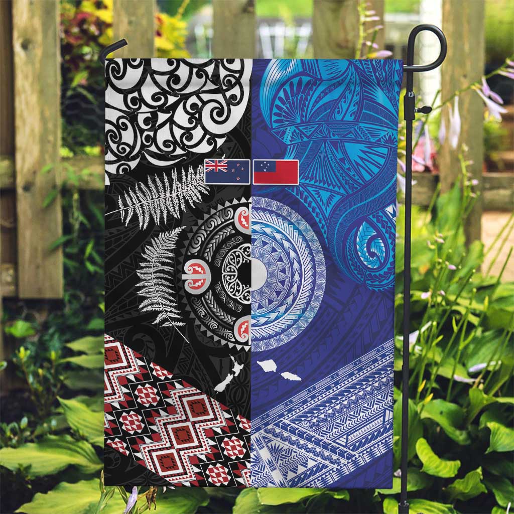 Samoa and Aotearoa Together Garden Flag Tatau Art Tattoos-Taniko and Maori with Fern LT03 Garden Flag Black - Polynesian Pride