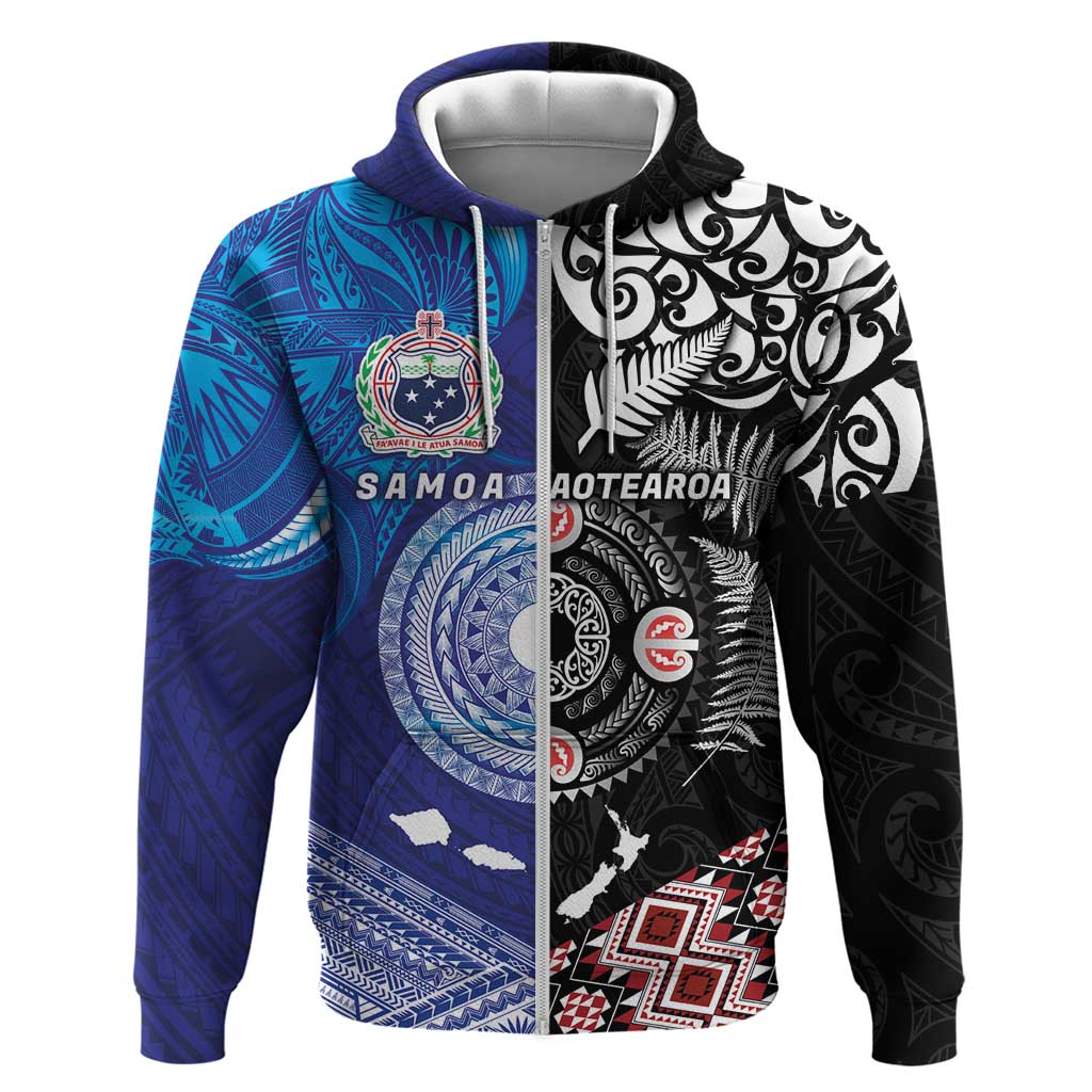Samoa and Aotearoa Together Hoodie Tatau Art Tattoos-Taniko and Maori with Fern LT03 Zip Hoodie Black - Polynesian Pride