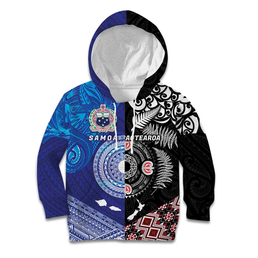 Samoa and Aotearoa Together Kid Hoodie Tatau Art Tattoos-Taniko and Maori with Fern LT03 Hoodie Black - Polynesian Pride