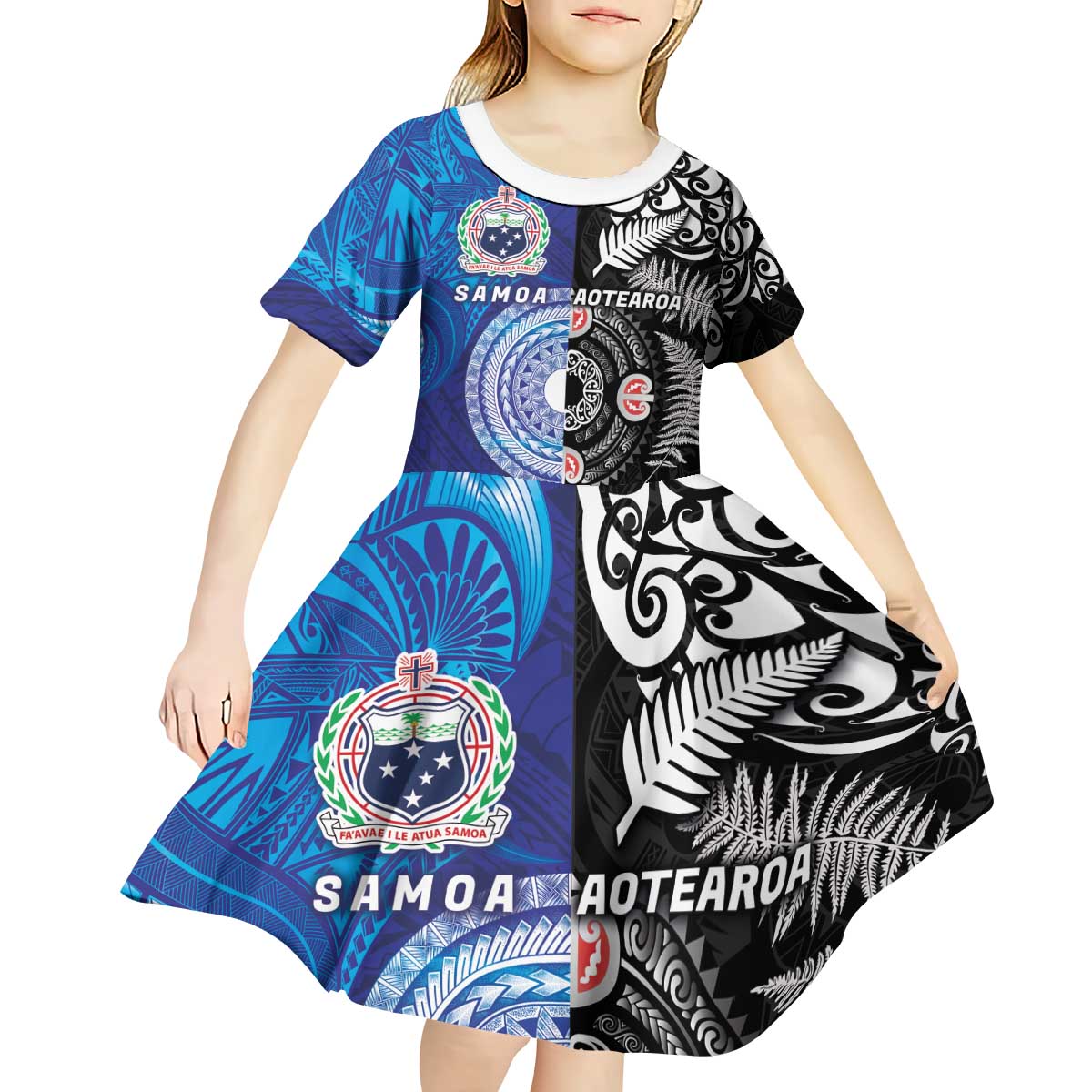 Samoa and Aotearoa Together Kid Short Sleeve Dress Tatau Art Tattoos-Taniko and Maori with Fern LT03 - Polynesian Pride