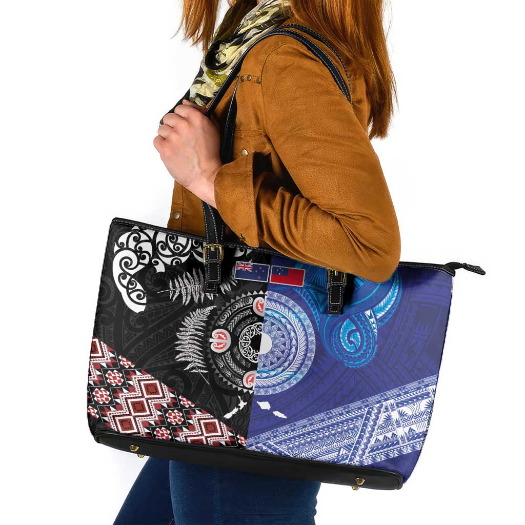 Samoa and Aotearoa Together Leather Tote Bag Tatau Art Tattoos-Taniko and Maori with Fern LT03 Black - Polynesian Pride