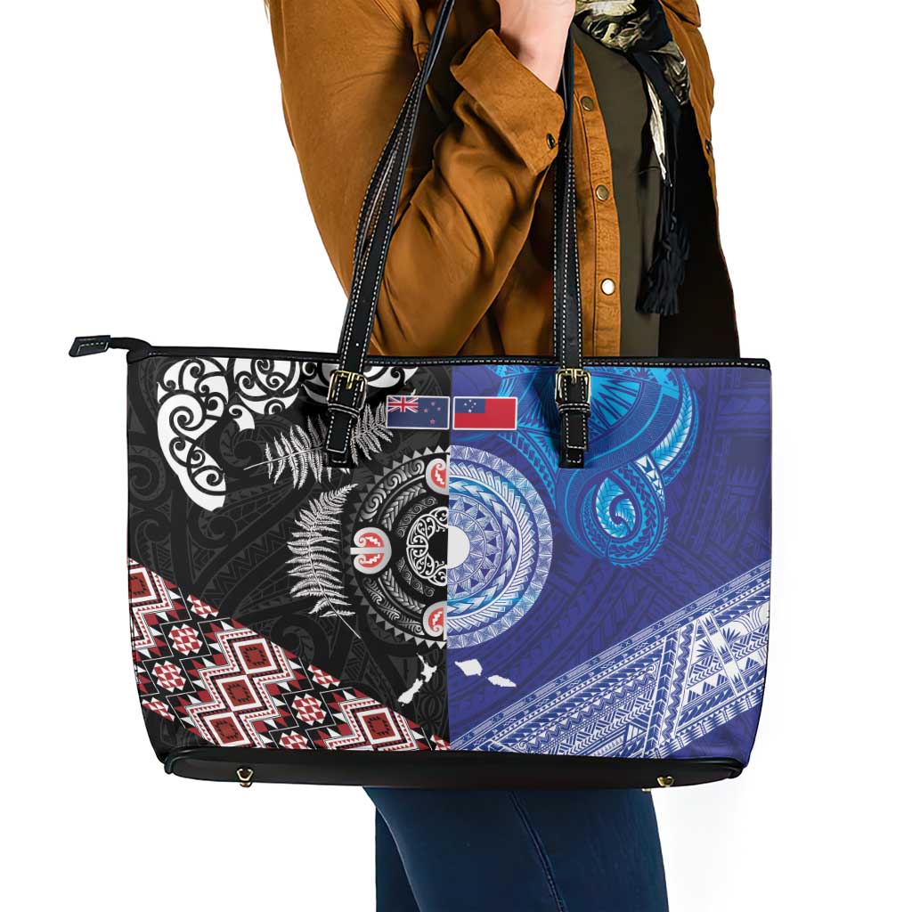 Samoa and Aotearoa Together Leather Tote Bag Tatau Art Tattoos-Taniko and Maori with Fern LT03 - Polynesian Pride