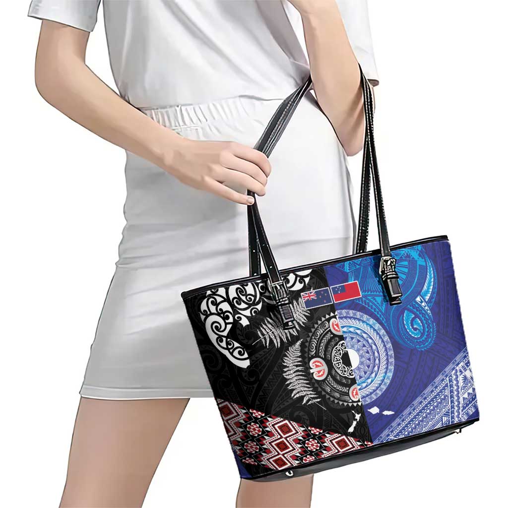 Samoa and Aotearoa Together Leather Tote Bag Tatau Art Tattoos-Taniko and Maori with Fern LT03 - Polynesian Pride