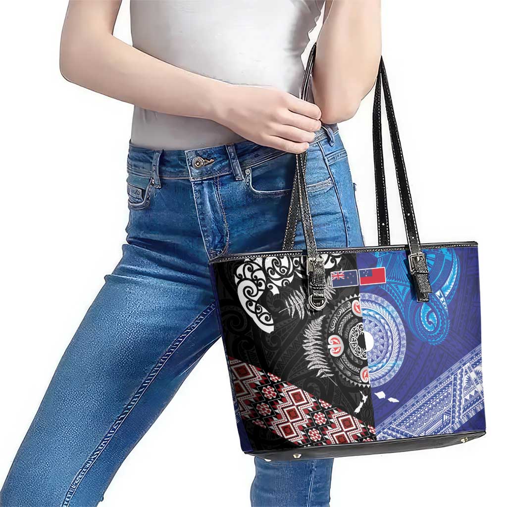 Samoa and Aotearoa Together Leather Tote Bag Tatau Art Tattoos-Taniko and Maori with Fern LT03 - Polynesian Pride