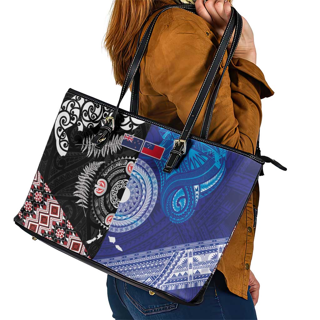 Samoa and Aotearoa Together Leather Tote Bag Tatau Art Tattoos-Taniko and Maori with Fern LT03 - Polynesian Pride