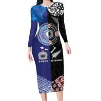 Samoa and Aotearoa Together Long Sleeve Bodycon Dress Tatau Art Tattoos-Taniko and Maori with Fern LT03 Long Dress Black - Polynesian Pride