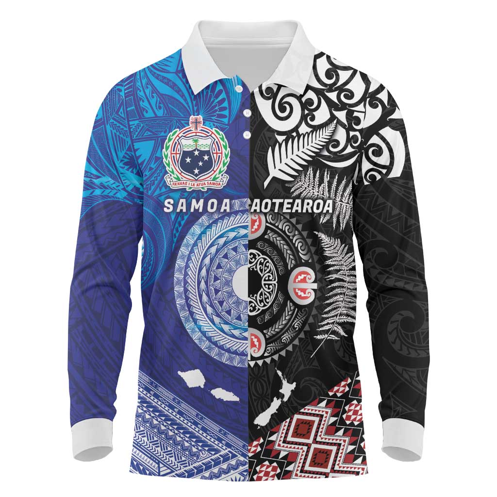 Samoa and Aotearoa Together Long Sleeve Polo Shirt Tatau Art Tattoos-Taniko and Maori with Fern LT03 Black - Polynesian Pride