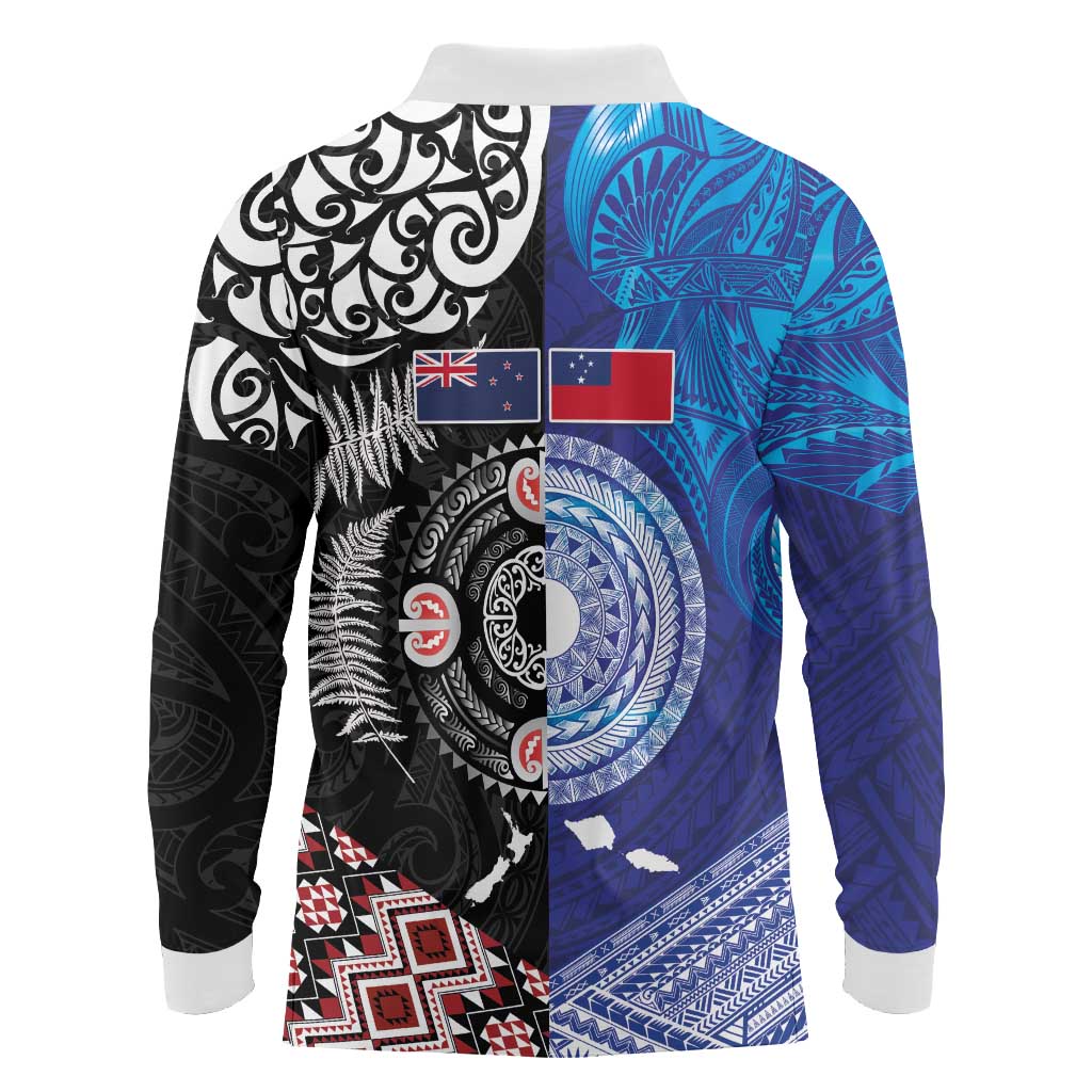 Samoa and Aotearoa Together Long Sleeve Polo Shirt Tatau Art Tattoos-Taniko and Maori with Fern LT03 - Polynesian Pride
