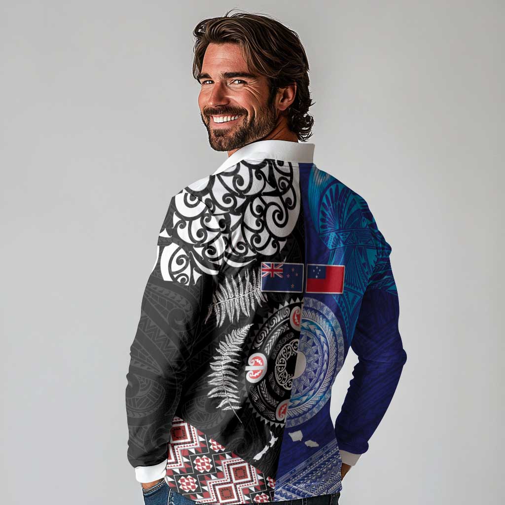 Samoa and Aotearoa Together Long Sleeve Polo Shirt Tatau Art Tattoos-Taniko and Maori with Fern LT03 - Polynesian Pride