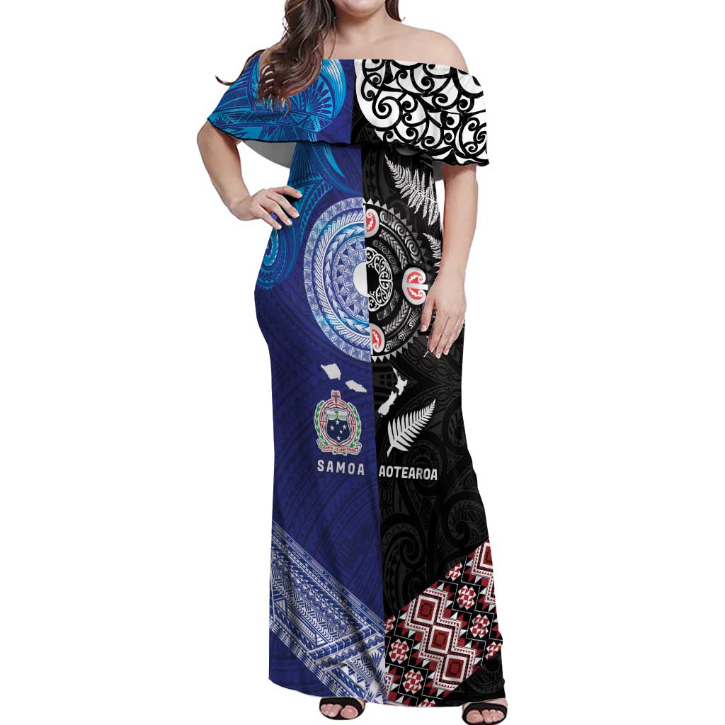 Samoa and Aotearoa Together Off Shoulder Maxi Dress Tatau Art Tattoos-Taniko and Maori with Fern LT03 Women Black - Polynesian Pride