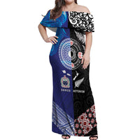 Samoa and Aotearoa Together Off Shoulder Maxi Dress Tatau Art Tattoos-Taniko and Maori with Fern LT03 Women Black - Polynesian Pride