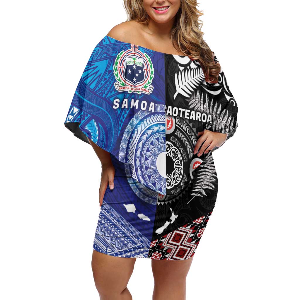 Samoa and Aotearoa Together Off Shoulder Short Dress Tatau Art Tattoos-Taniko and Maori with Fern LT03 Women Black - Polynesian Pride