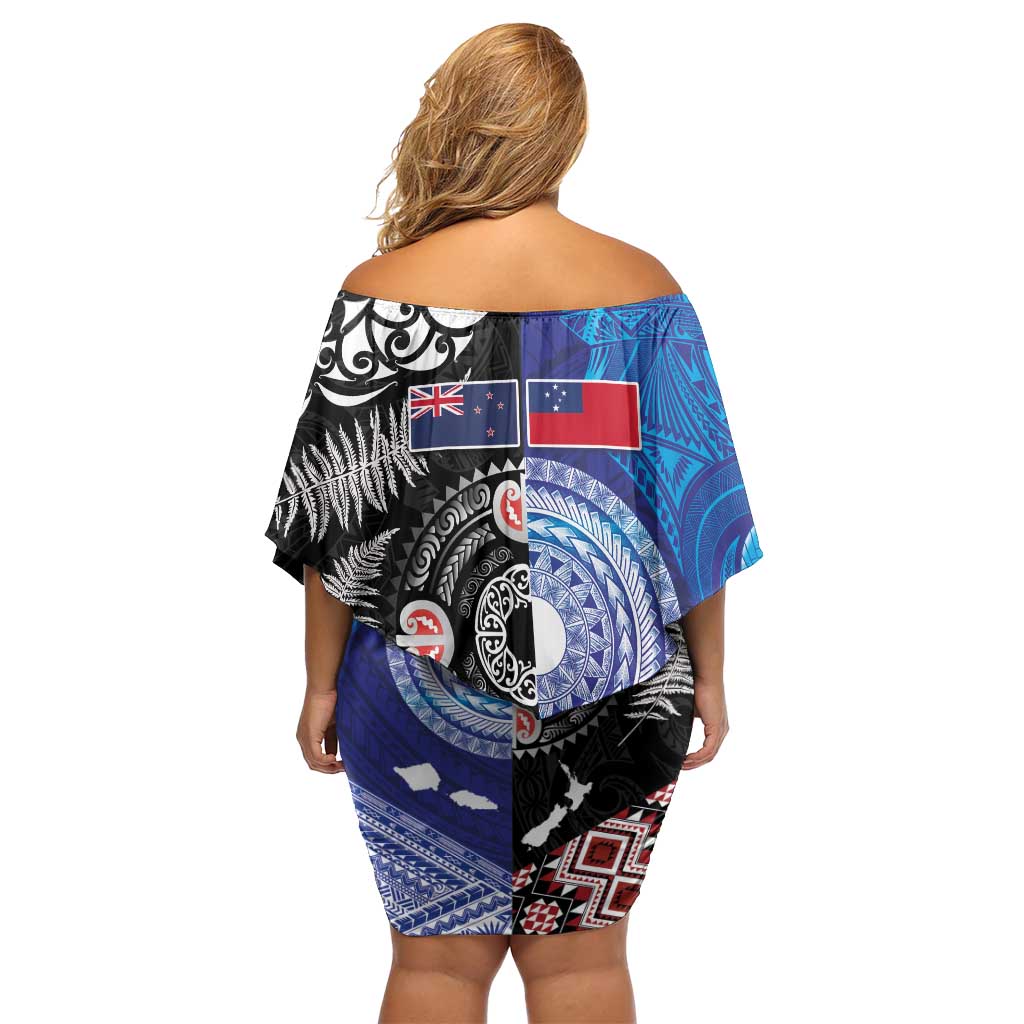 Samoa and Aotearoa Together Off Shoulder Short Dress Tatau Art Tattoos-Taniko and Maori with Fern LT03 - Polynesian Pride