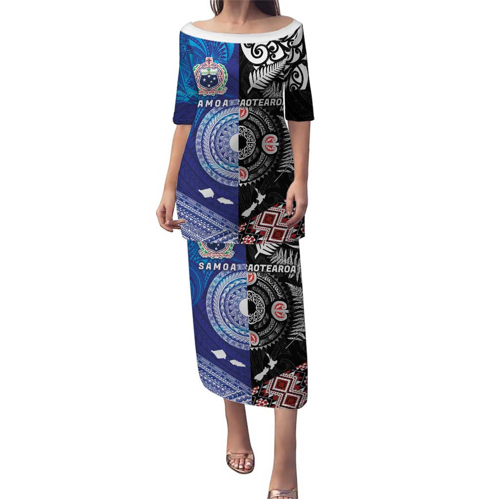 Samoa and Aotearoa Together Puletasi Tatau Art Tattoos-Taniko and Maori with Fern LT03 Long Dress Black - Polynesian Pride