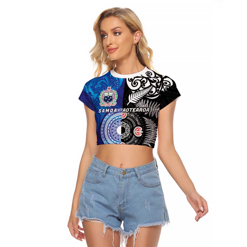 Samoa and Aotearoa Together Raglan Cropped T Shirt Tatau Art Tattoos-Taniko and Maori with Fern LT03 Female Black - Polynesian Pride