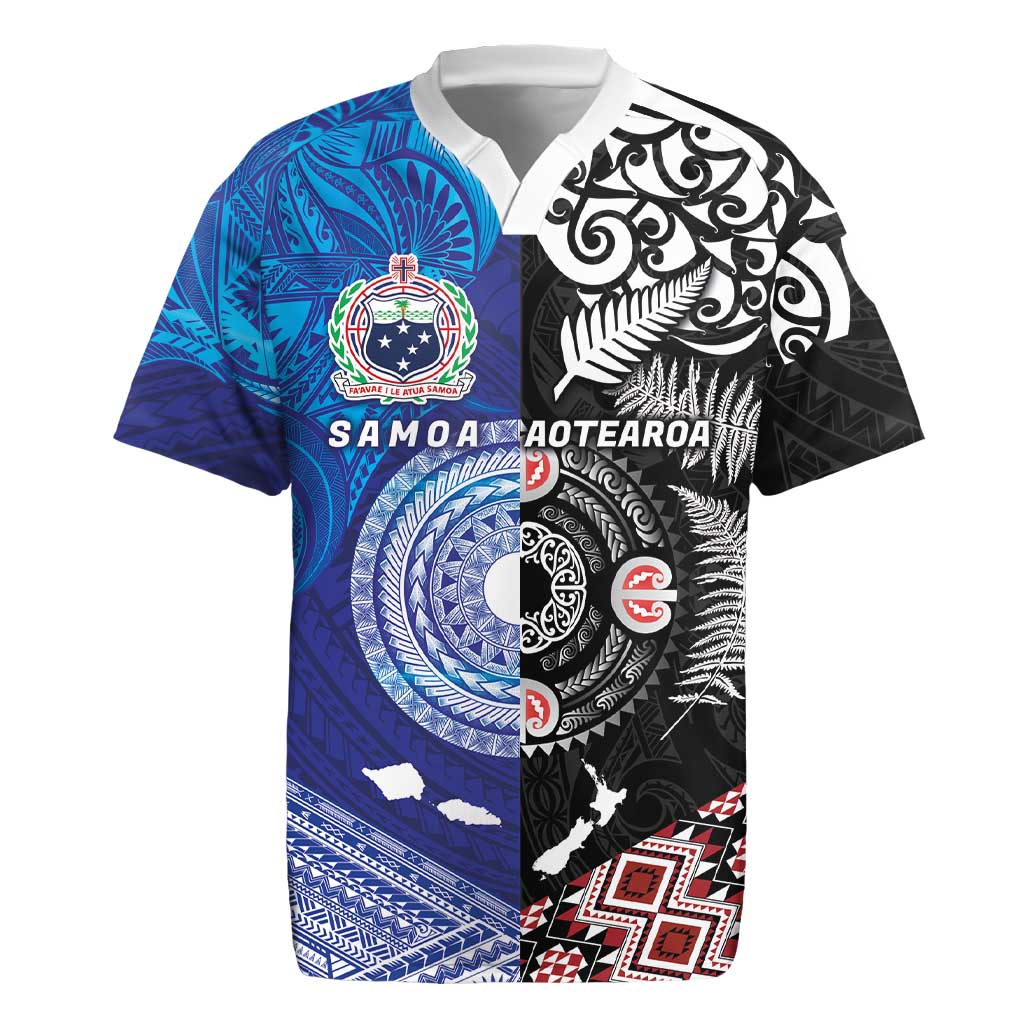 Samoa and Aotearoa Together Rugby Jersey Tatau Art Tattoos-Taniko and Maori with Fern LT03 Black - Polynesian Pride