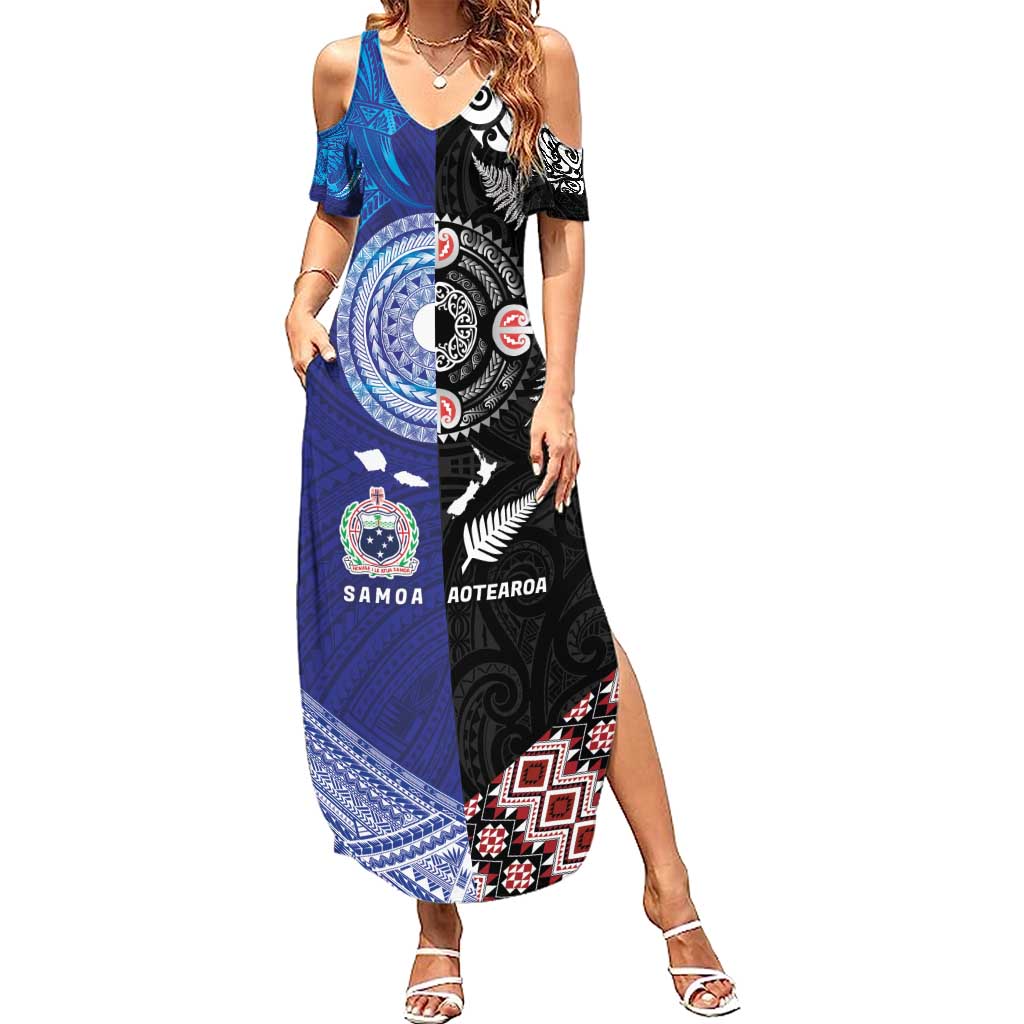Samoa and Aotearoa Together Summer Maxi Dress Tatau Art Tattoos-Taniko and Maori with Fern LT03 Women Black - Polynesian Pride