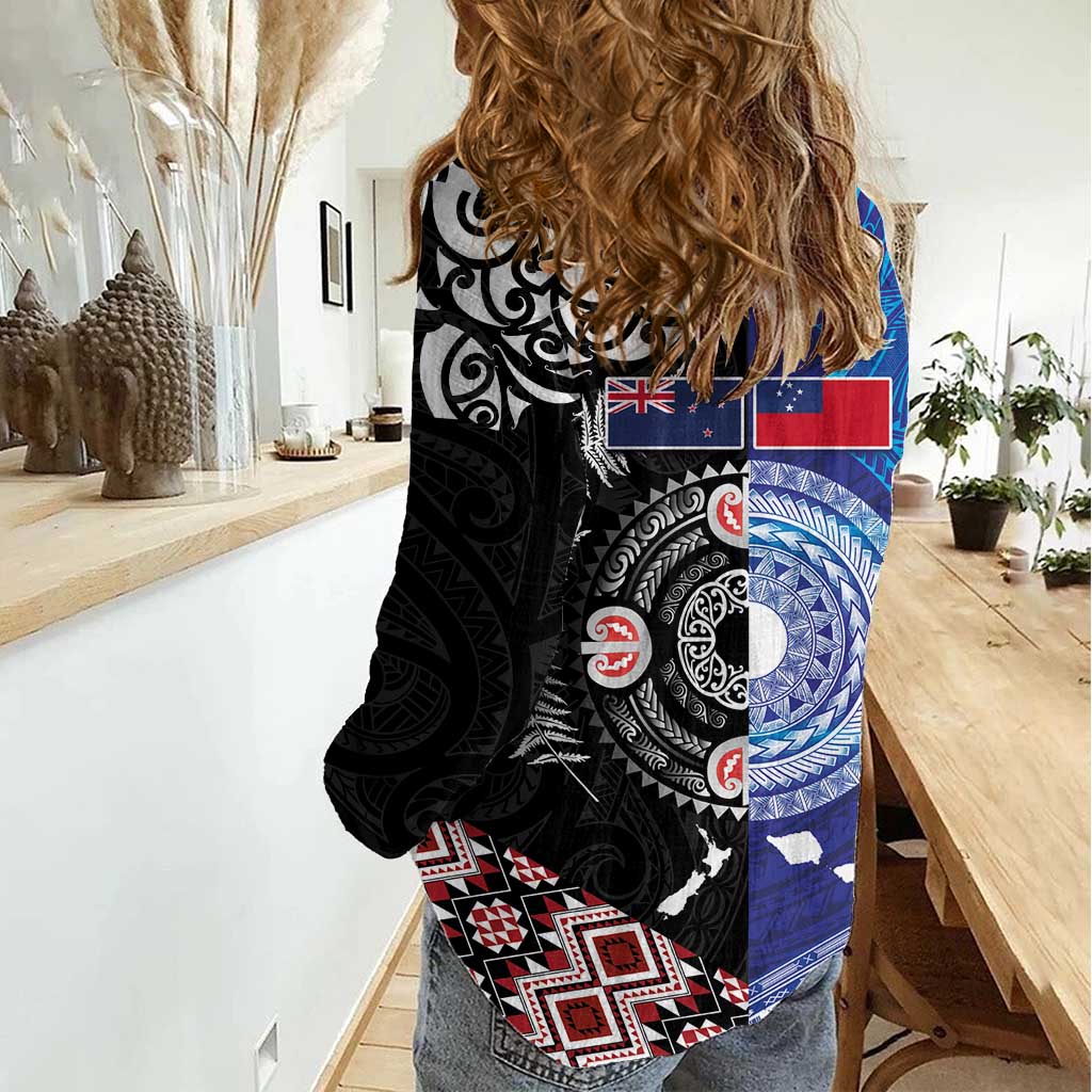 Samoa and Aotearoa Together Women Casual Shirt Tatau Art Tattoos-Taniko and Maori with Fern LT03 - Polynesian Pride