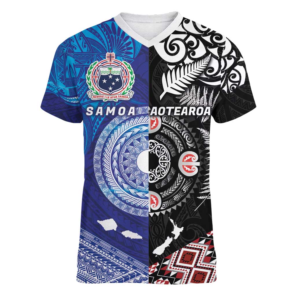 Samoa and Aotearoa Together Women V-Neck T-Shirt Tatau Art Tattoos-Taniko and Maori with Fern LT03 Female Black - Polynesian Pride