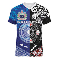 Samoa and Aotearoa Together Women V-Neck T-Shirt Tatau Art Tattoos-Taniko and Maori with Fern LT03 Female Black - Polynesian Pride