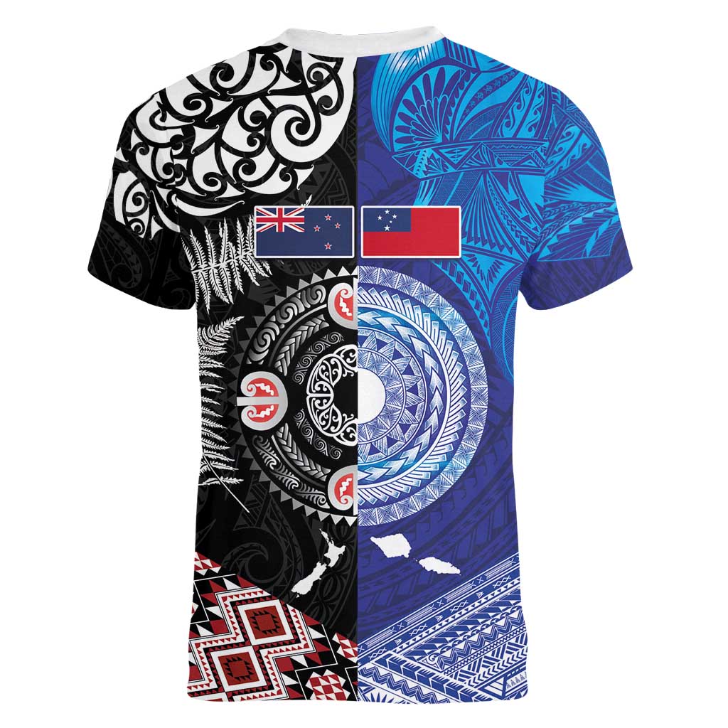 Samoa and Aotearoa Together Women V-Neck T-Shirt Tatau Art Tattoos-Taniko and Maori with Fern LT03 - Polynesian Pride