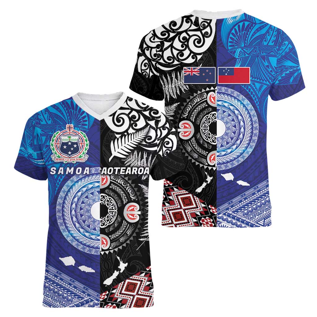 Samoa and Aotearoa Together Women V-Neck T-Shirt Tatau Art Tattoos-Taniko and Maori with Fern LT03 - Polynesian Pride