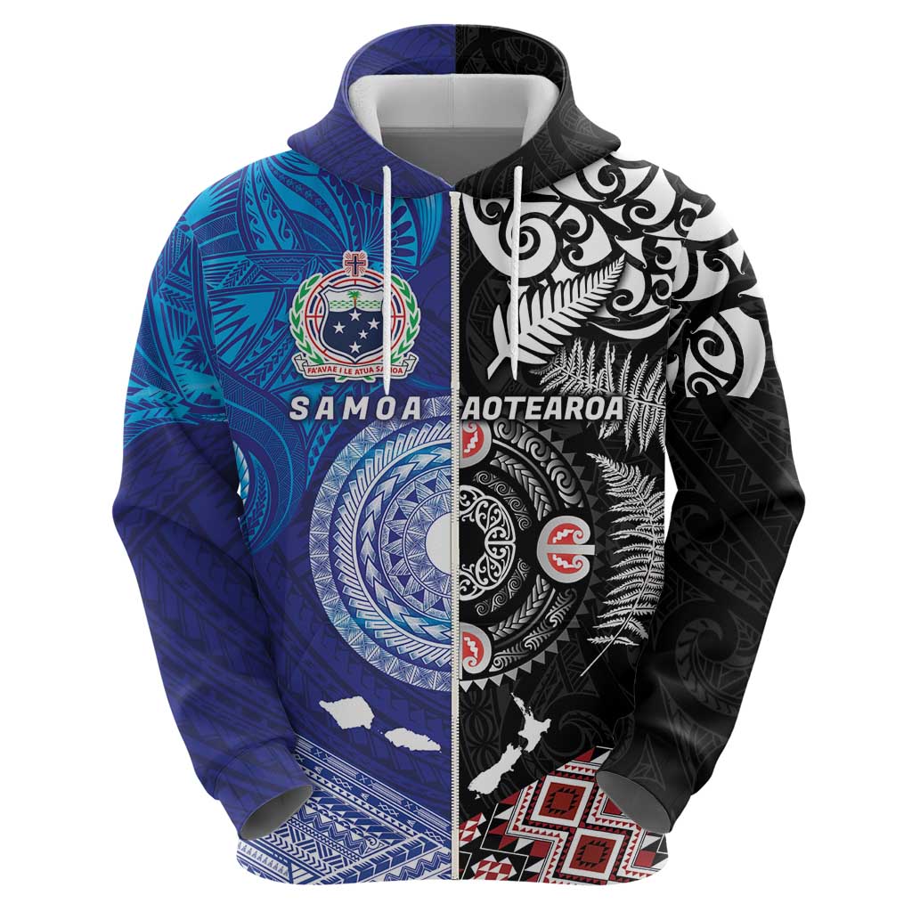 Samoa and Aotearoa Together Zip Hoodie Tatau Art Tattoos-Taniko and Maori with Fern LT03 - Polynesian Pride