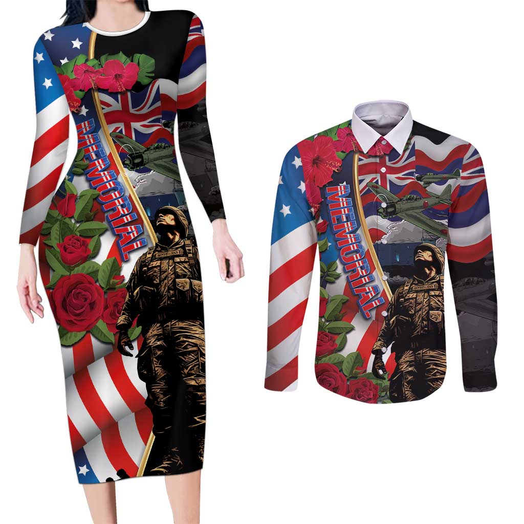 Hawaii and United States Memorial Day Couples Matching Long Sleeve Bodycon Dress and Long Sleeve Button Shirt Honor and Remember The Fallen LT03 Blue - Polynesian Pride
